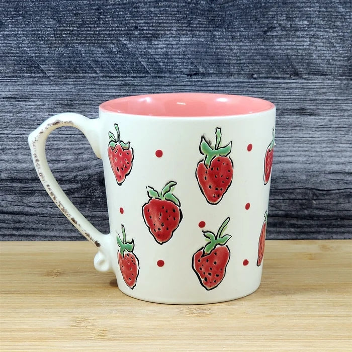 Strawberry Coffee Mug Ceramic Fruit Art Tea Cup Blue Sky Embossed Botanical Pink