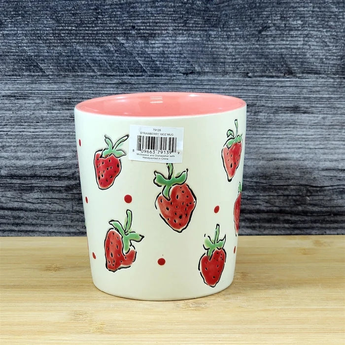 Strawberry Coffee Mug Ceramic Fruit Art Tea Cup Blue Sky Embossed Botanical Pink