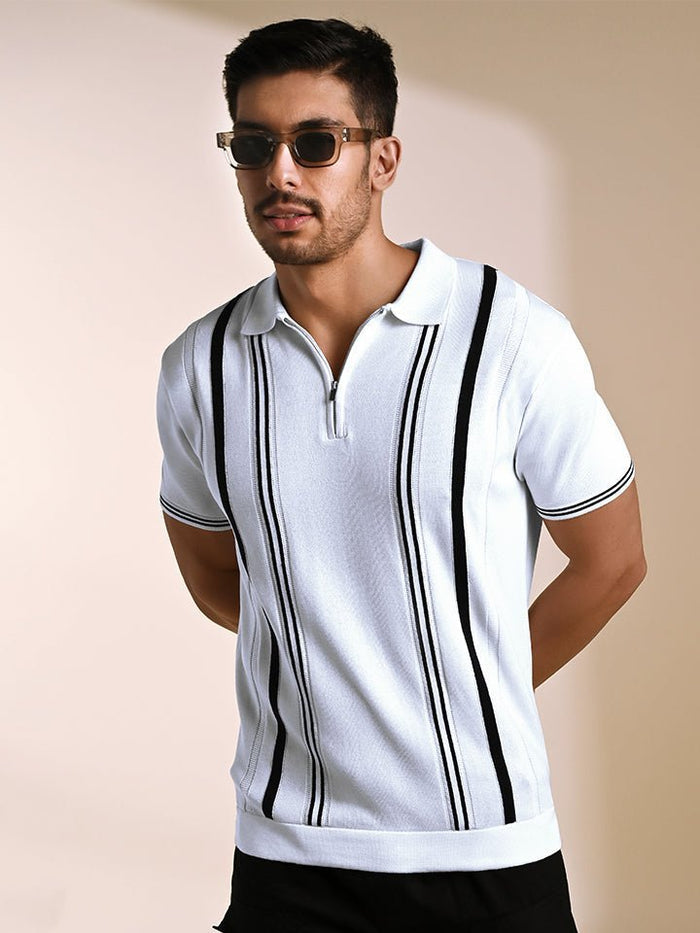 Stripezone White Monochrome Knit Polo Shirt - Black & white