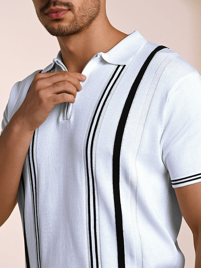 Stripezone White Monochrome Knit Polo Shirt - Black & white