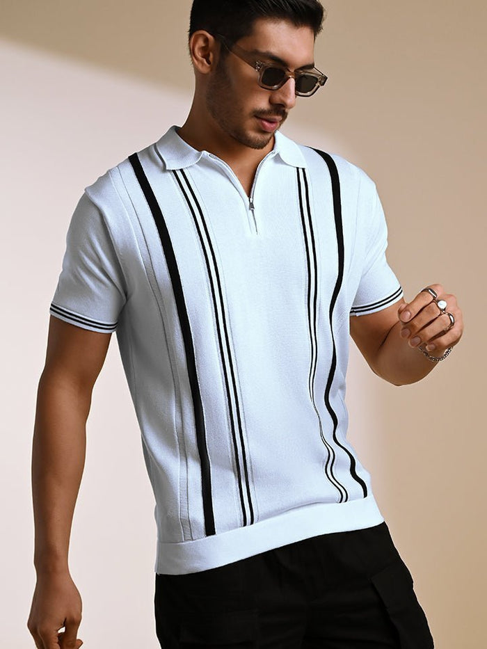 Stripezone White Monochrome Knit Polo Shirt - Black & white
