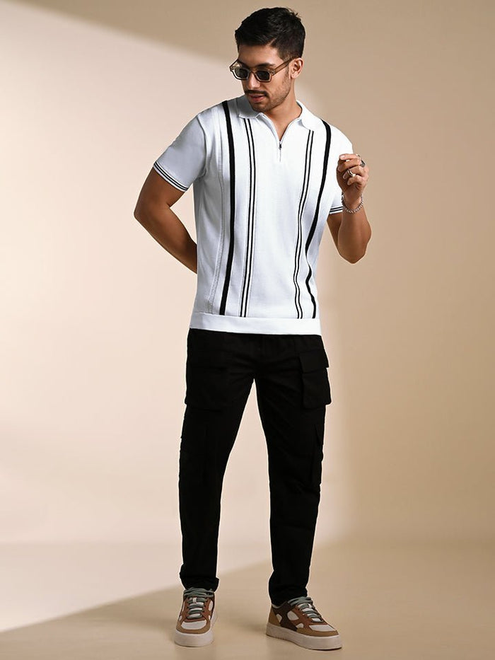 Stripezone White Monochrome Knit Polo Shirt - Black & white