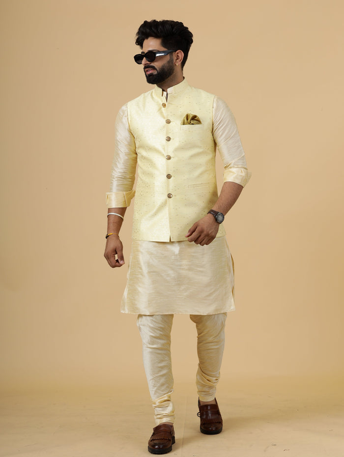 Stunning Light Yellow Banarasi Silk Half Jodhpuri Jacket with Cream Kurta-Pajama for Men
