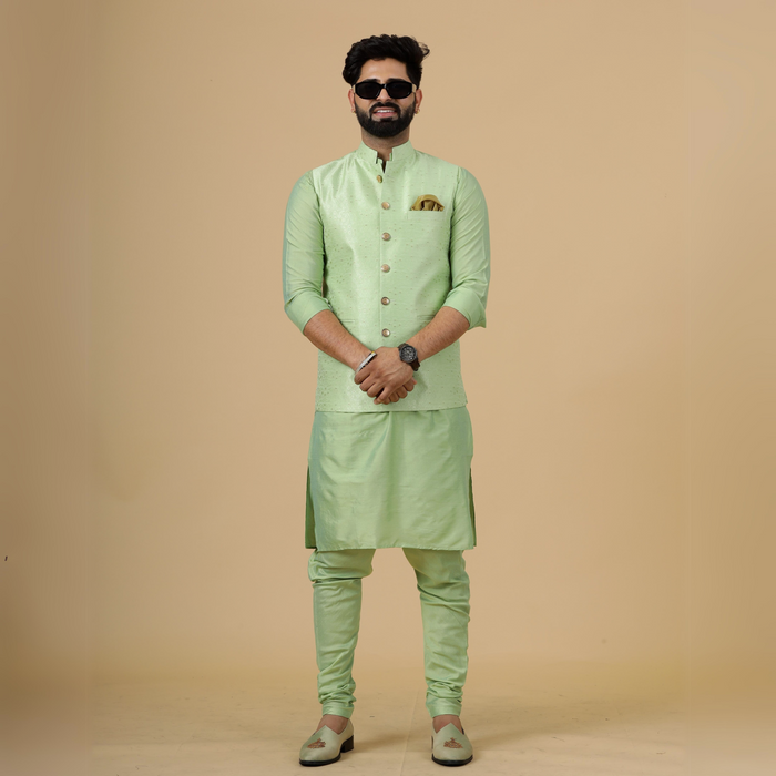 Stunning Pistachio Green Banarasi Silk with Pistachio Green Kurta-Pajama for Men