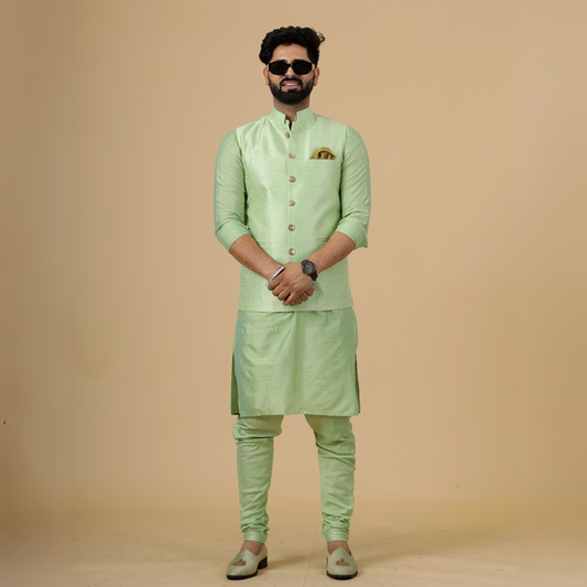 Stunning Pistachio Green Banarasi Silk with Pistachio Green Kurta-Pajama for Men