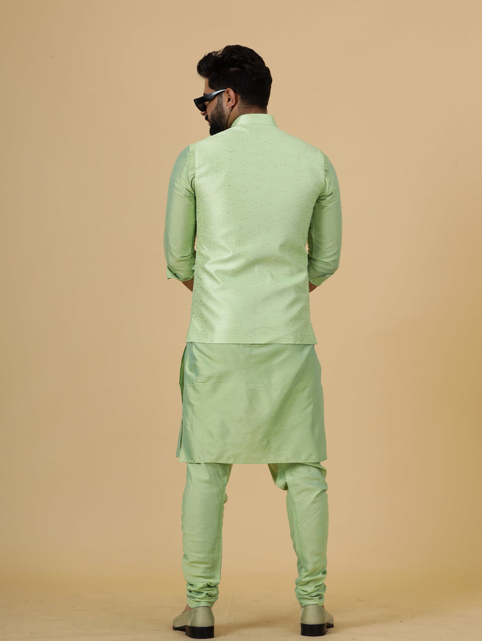 Stunning Pistachio Green Banarasi Silk with Pistachio Green Kurta-Pajama for Men