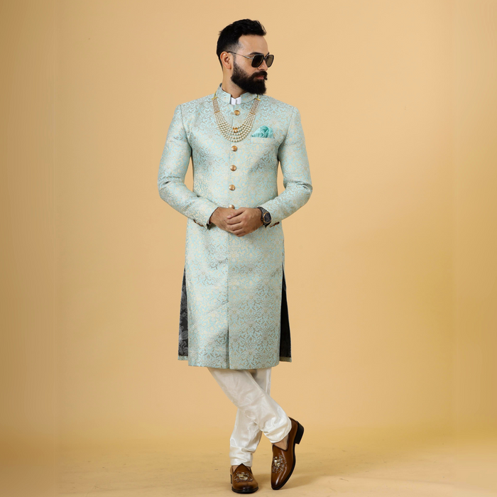 Stunning Sky Blue Banarasi Brocade Achkan for Men | Pastel Colour Sherwani | Perfect for Grooms