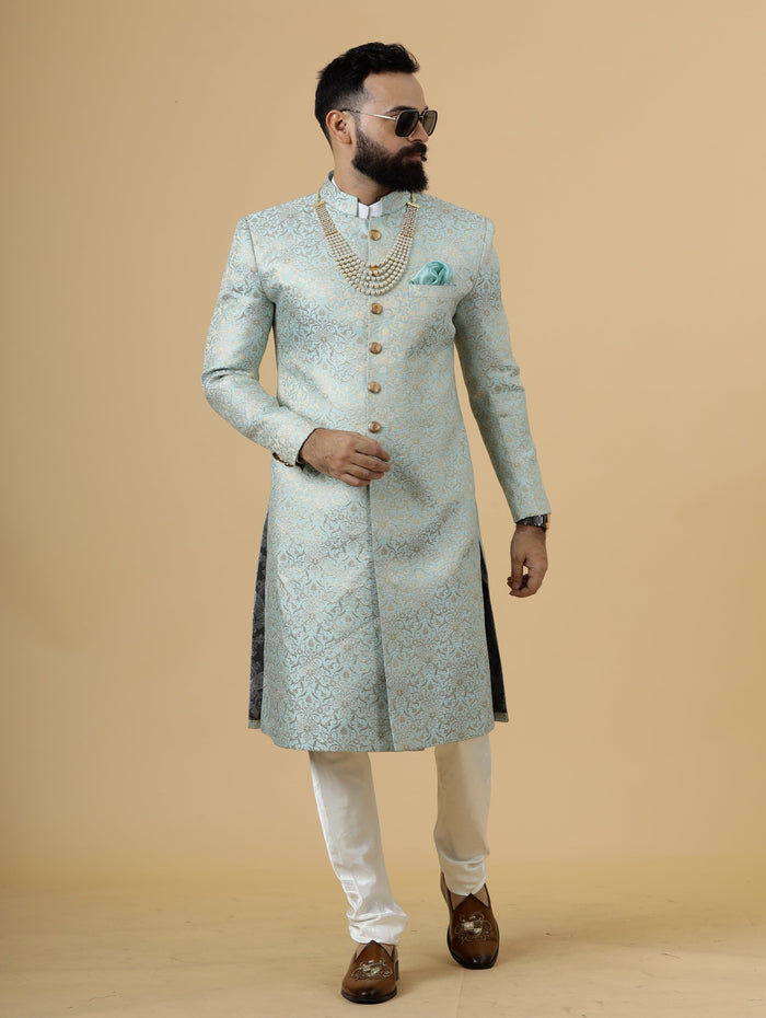 Stunning Sky Blue Banarasi Brocade Achkan for Men | Pastel Colour Sherwani | Perfect for Grooms