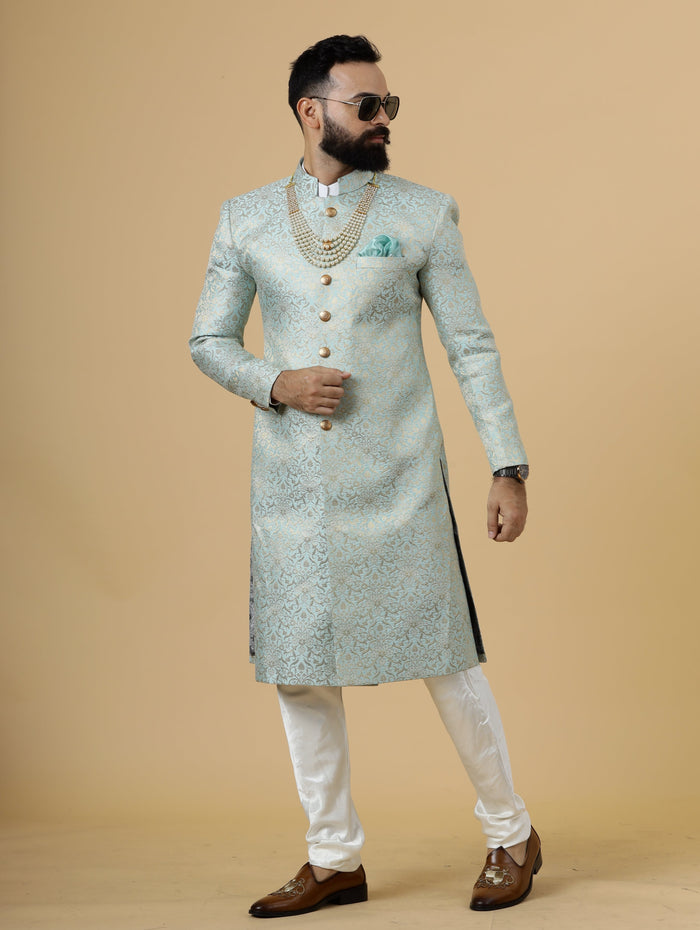 Stunning Sky Blue Banarasi Brocade Achkan for Men | Pastel Colour Sherwani | Perfect for Grooms