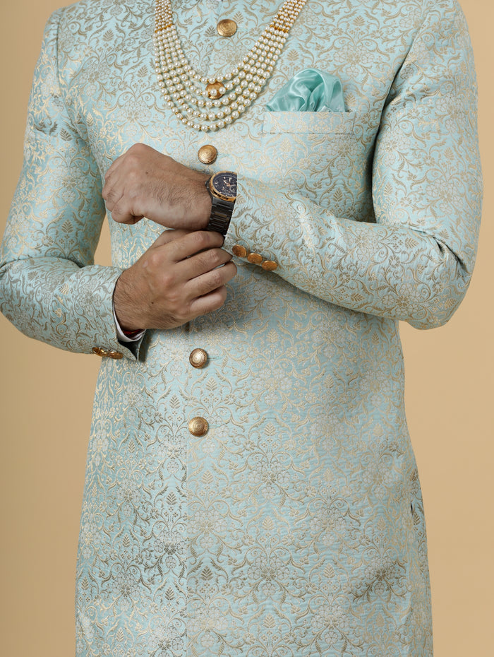 Stunning Sky Blue Banarasi Brocade Achkan for Men | Pastel Colour Sherwani | Perfect for Grooms