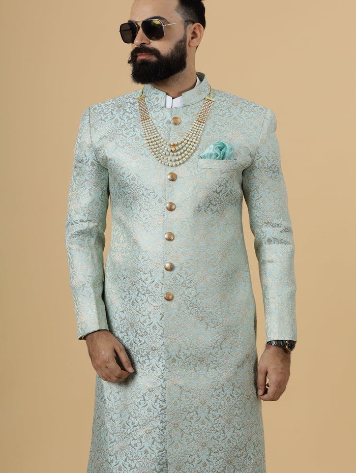 Stunning Sky Blue Banarasi Brocade Achkan for Men | Pastel Colour Sherwani | Perfect for Grooms