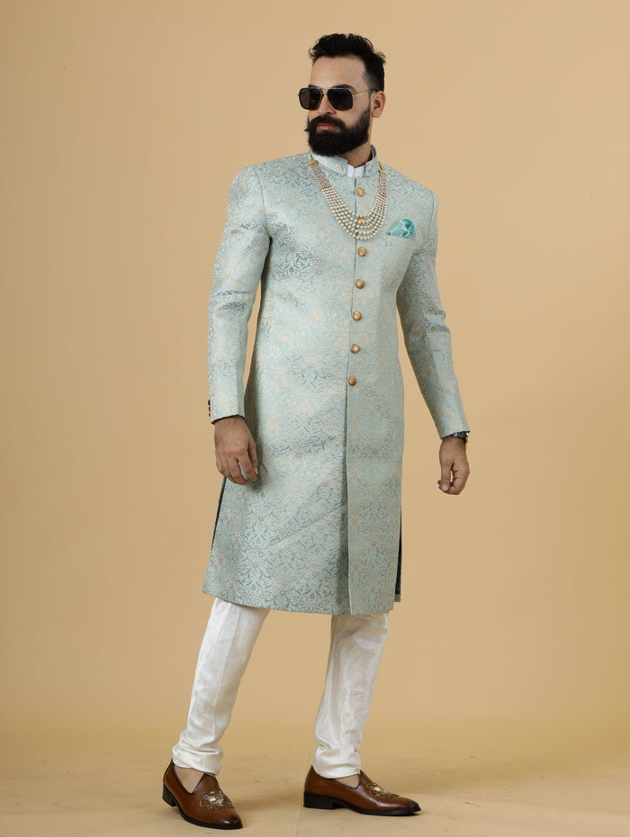 Stunning Sky Blue Banarasi Brocade Achkan for Men | Pastel Colour Sherwani | Perfect for Grooms