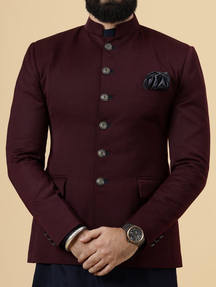 Stunning Wine Jodhpuri Bandhgala With Navy Blue Kurta Pajama