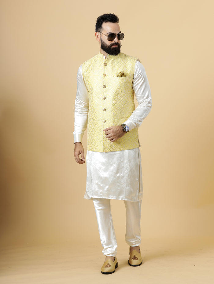 Stunning Yellow Square Pattern Thread Embroidered Silk Half Jodhpuri Jacket with Off- White Kurta-Pajama for Men