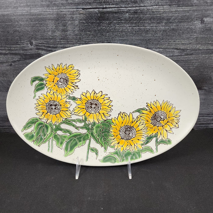Sunflower Oval Platter Tray 14x9” Ceramic Embossed By Spectrum Blue Sky Harvest