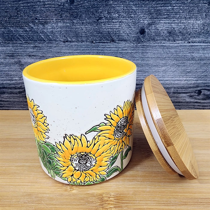 Sunflowers Canister & Wood Lid Embossed 4" Ceramic White Jar Floral Blue Sky