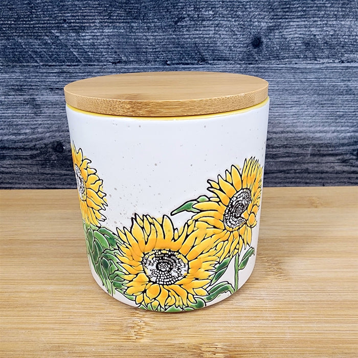 Sunflowers Canister & Wood Lid Embossed 4" Ceramic White Jar Floral Blue Sky