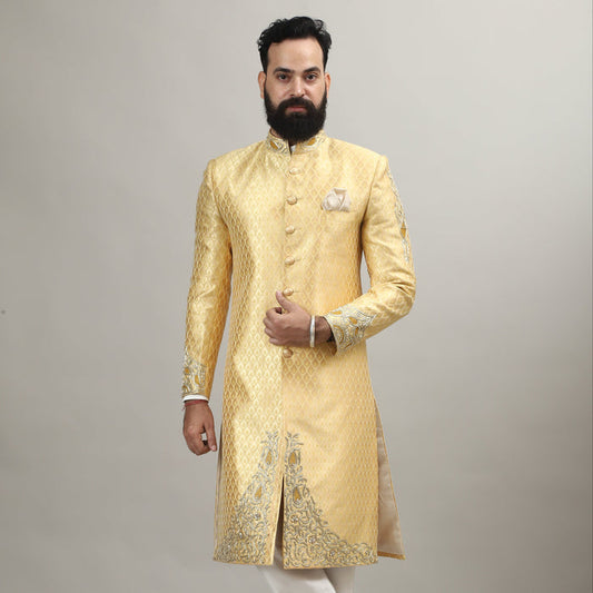 Sunlit Gold Heritage Sherwani with Traditional Indian Motif