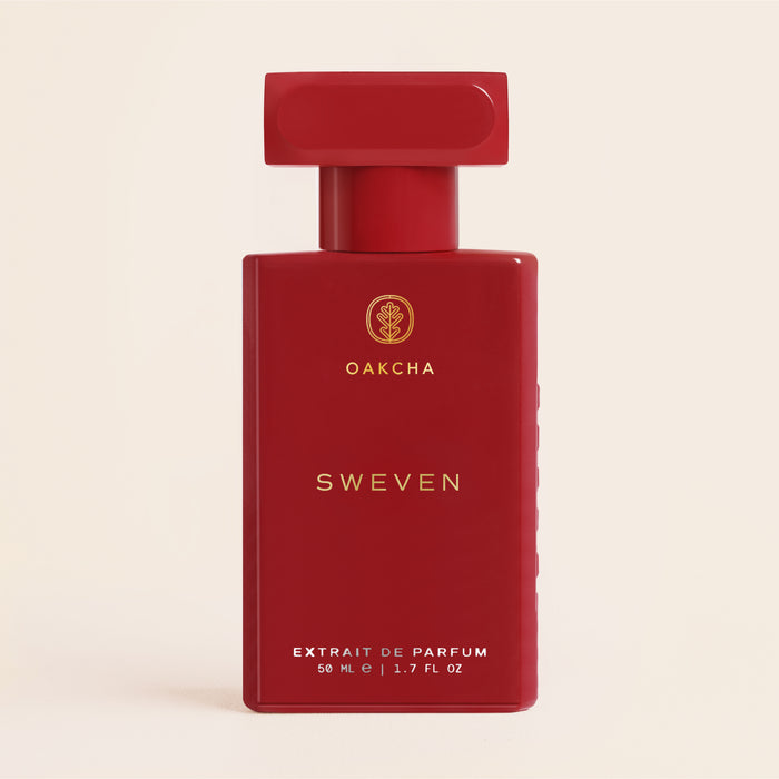 Front view of Sweven Extrait de Parfum bottle showcasing red packaging, gold Oakcha logo, and 50 mL size against a light background