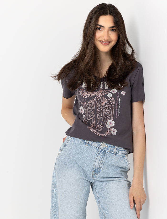 T-shirt imprimé à col en V pour femme