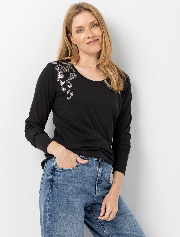 T-shirt imprimé à col rond dégagé pour femme