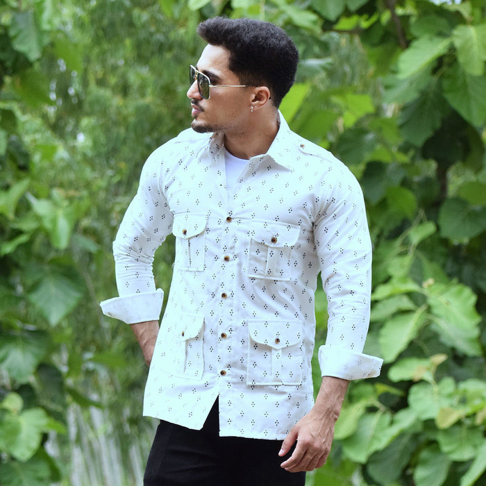 The Ivory Trail Hunting Shirt with Navy Motifs