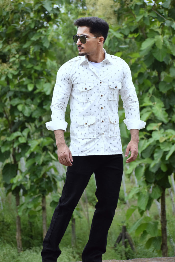 The Ivory Trail Hunting Shirt with Navy Motifs