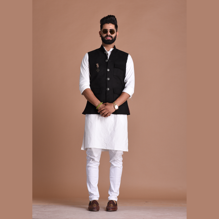 Three Pocket Black Suede Leather Half Jodhpuri Jacket with Kurta Pajama