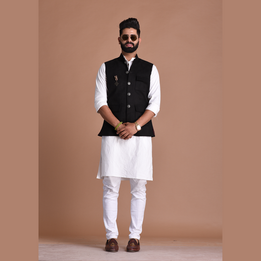 Three Pocket Black Suede Leather Half Jodhpuri Jacket with Kurta Pajama