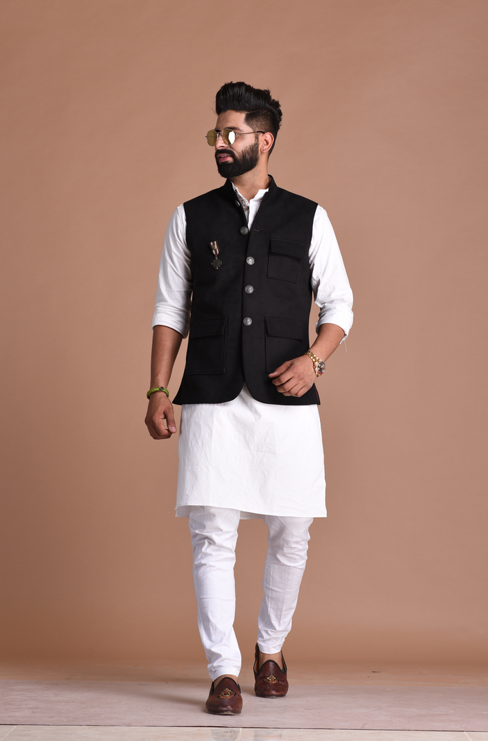 Three Pocket Black Suede Leather Half Jodhpuri Jacket with Kurta Pajama