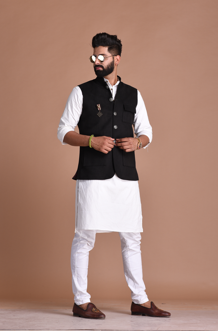 Three Pocket Black Suede Leather Half Jodhpuri Jacket with Kurta Pajama