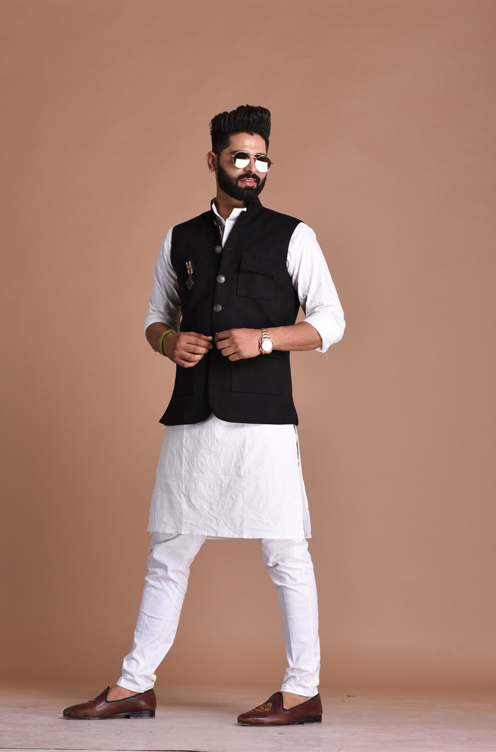 Three Pocket Black Suede Leather Half Jodhpuri Jacket with Kurta Pajama