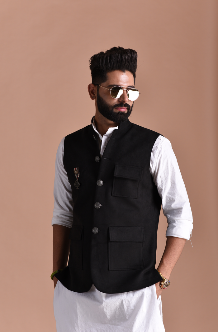 Three Pocket Black Suede Leather Half Jodhpuri Jacket with Kurta Pajama