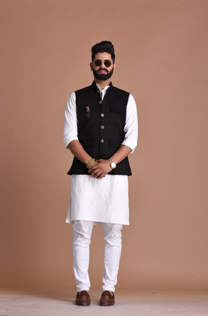 Three Pocket Black Suede Leather Half Jodhpuri Jacket with Kurta Pajama