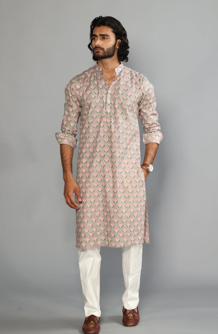 Thunder Grey Sanganeri Booti Print Kurta With White Pyjama