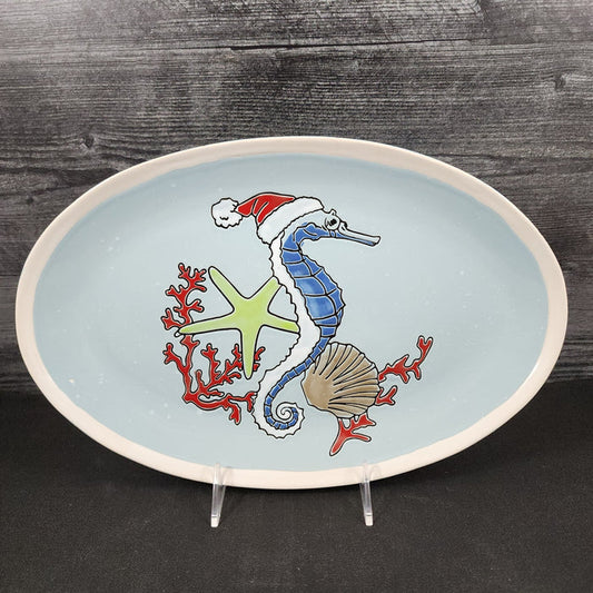 Tide of Festival Seahorse Platter Embossed Oval Serving Tray Ceramic Blue Sky