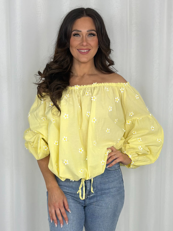 Tie Waist Balloon Sleeve Daisy Print Top (3 Colours)