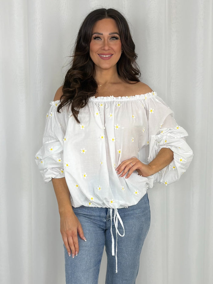 Tie Waist Balloon Sleeve Daisy Print Top (3 Colours)