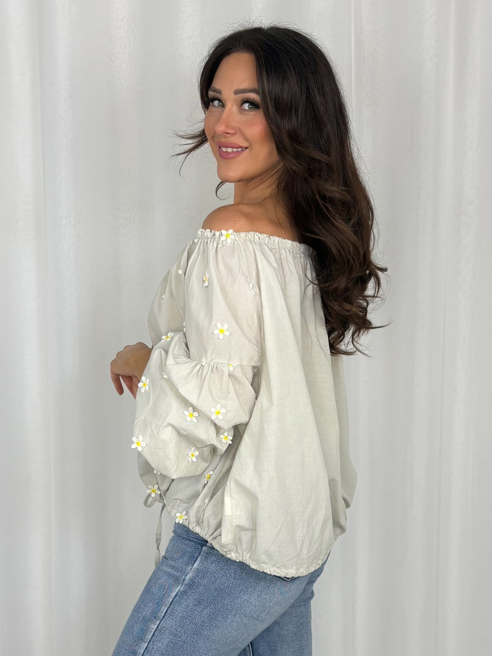 Tie Waist Balloon Sleeve Daisy Print Top (3 Colours)