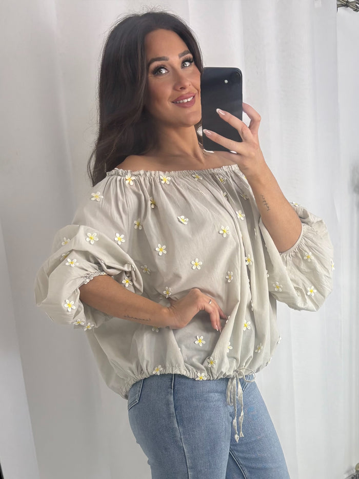 Tie Waist Balloon Sleeve Daisy Print Top (3 Colours)