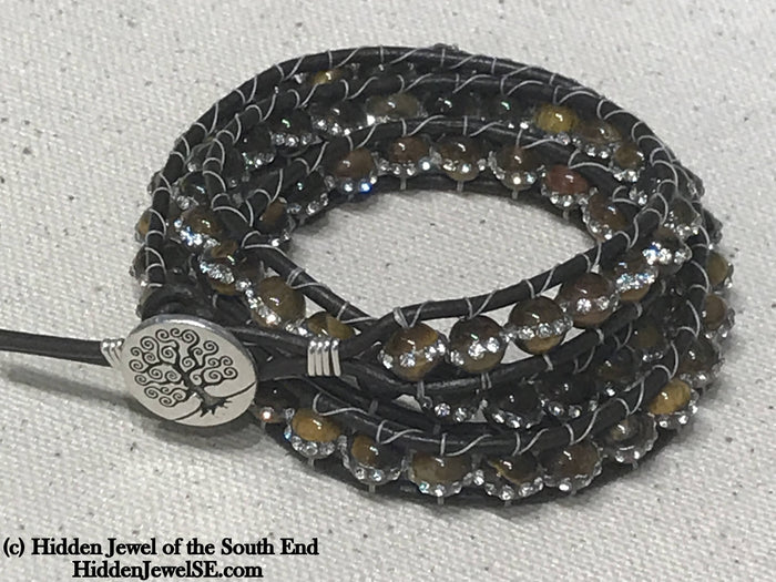 Tiger Eye Leather Wrap Bracelet with Cz's (three times around)