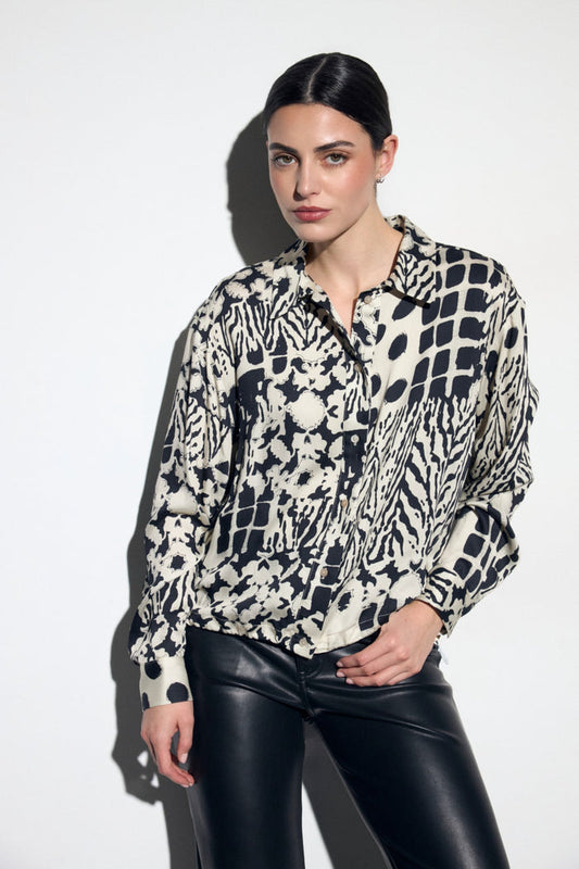 Shop the Tinta 4027702 Ronalda Women's Shirt in Black at Dotique. A relaxed-fit printed shirt with a striking monochrome patchwork design, perfect for effortless everyday and occasion styling.