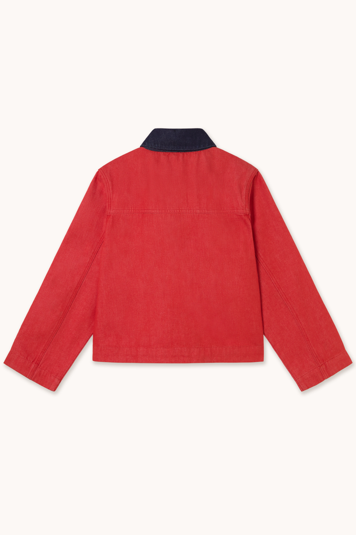 Tiny Big Sister red bicolor denim jacket with fringe pocket detail – Dotique