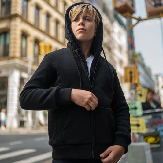 T.O. Collection Boy's Black Quilted X Style Hoodie with Removeable Fur & thumb hole- Black
