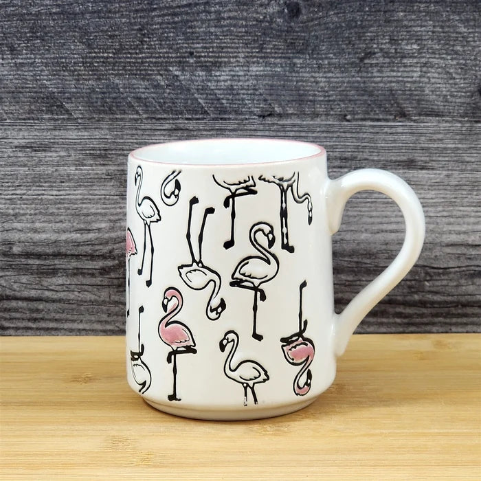 Tropical Flamingo Ceramic Coffee Tea Mug Pink Bird Embossed 18 oz Cup Blue Sky