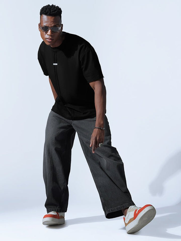 crew neck collar oversized Cotton Black T-shirt