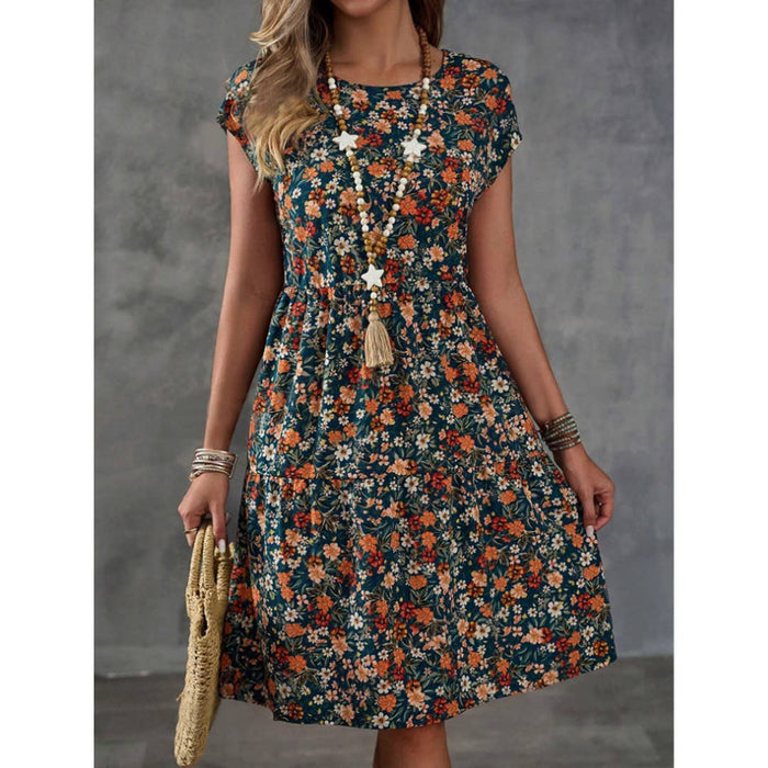 UNISHE - Floral Elastic Waist Short Sleeves Round Neck Dress ZK2696