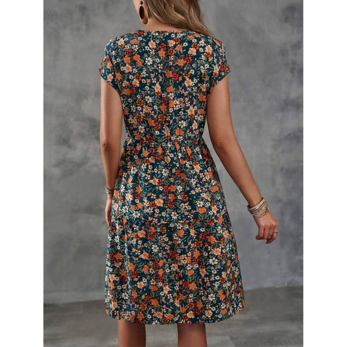UNISHE - Floral Elastic Waist Short Sleeves Round Neck Dress ZK2696