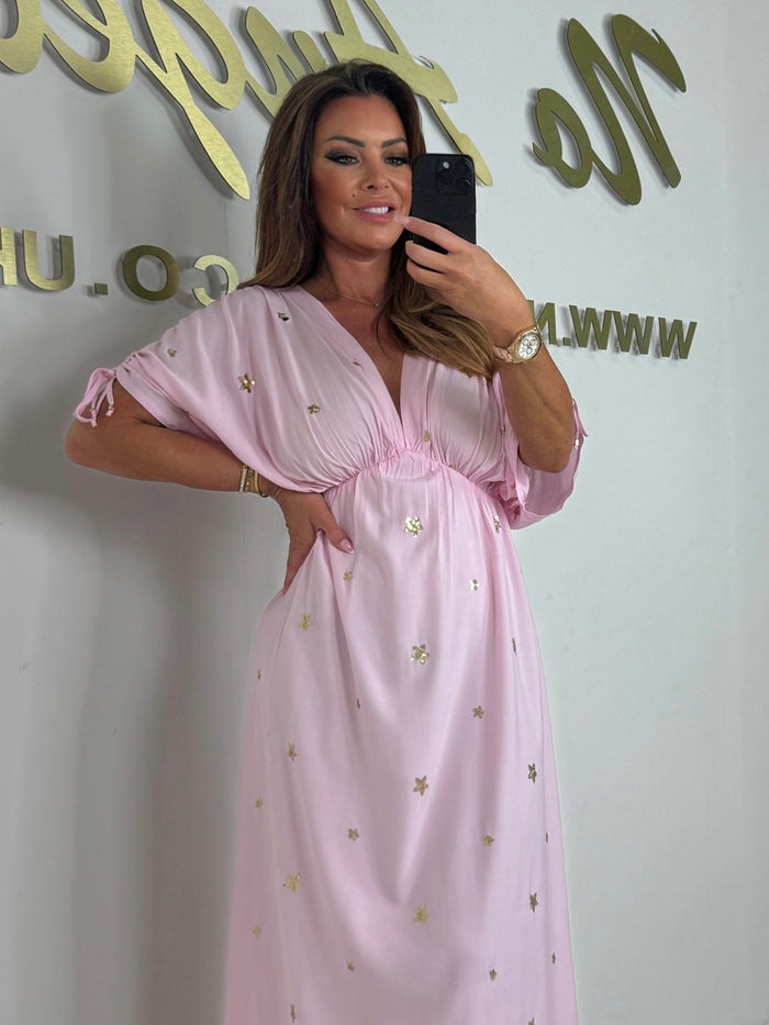 V-Neck Bell Sleeve Gold Sequin Flower Detail Maxi Dress (2 Colours)
