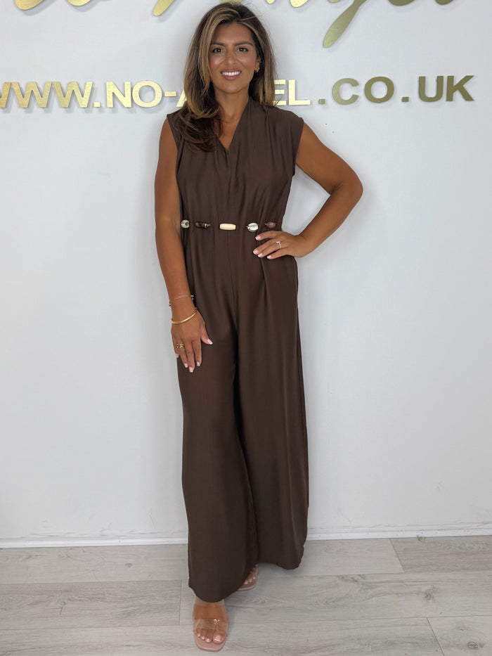 V-Neck Cap Sleeve Jumpsuit With Beaded Belt Detailing (4 Colours)